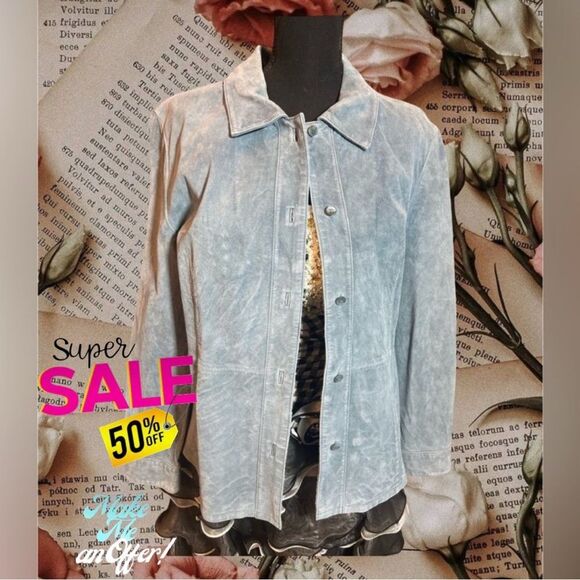 Bernardo vintage blue leather suede button up collar jacket size large - Picture 1 of 11